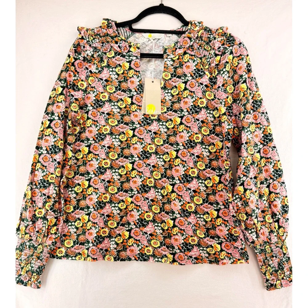 Boden Women Floral Cotton Smocked Ruffle Split Neck Top‎ Multicolor US 6